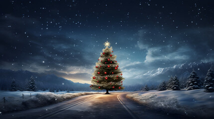 christmas tree in the snow, christmas tree, christmas tree in the middle of nowhere - obrazy, fototapety, plakaty