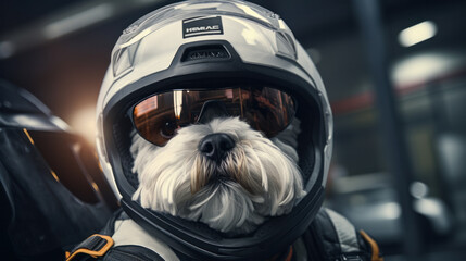 Dog wearing sunglasses is sitting on motorcycle in protective helmet. Dog biker drive on motorcycle...