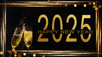 HAPPY NEW YEAR 2025 celebration holiday greeting card background with text - Golden frame,...