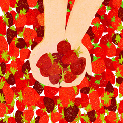 Ilustracja czerwone truskawki trzymane w dłoniach .
