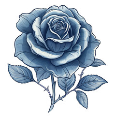 Vintage sketched blue rose isolated on white background, transparent. Cottagecore illustration