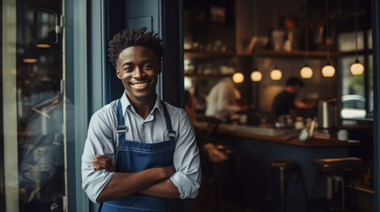 Fototapeta na wymiar Smiling man small business owner in apron standing confidently in front of a cafe, with warm lighting and blurred interior details in the background.