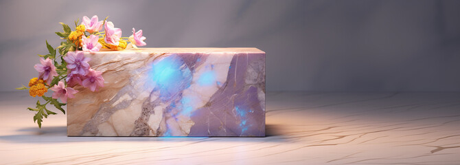 Pieces of marble among flowers. Graphic layout perfect for presenting luxury products