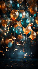 Floating balloons with golden and teal tones amidst sparkling lights