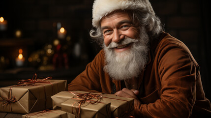 Cheerful man with white beard in Santa hat and gifts