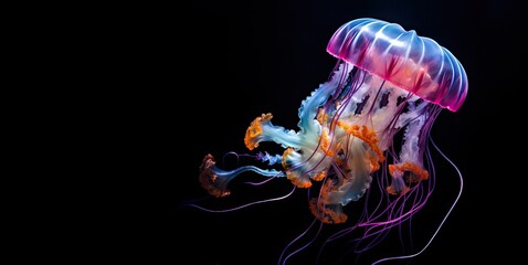 Glowing jellyfishes swim deep in dark blue ocean. Realistic Medusa neon jellyfish in sea. Black...