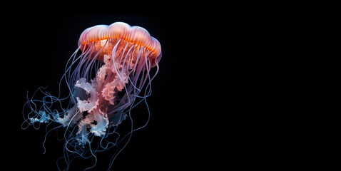 Glowing jellyfishes swim deep in dark blue ocean. Realistic Medusa neon jellyfish in sea. Black background with a space for text.