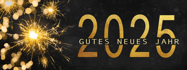 Goldenes Feuerwerk auf schwarzemNacht Himmel Hintergrund, Text Gutes neues Jahr 2025 mit...