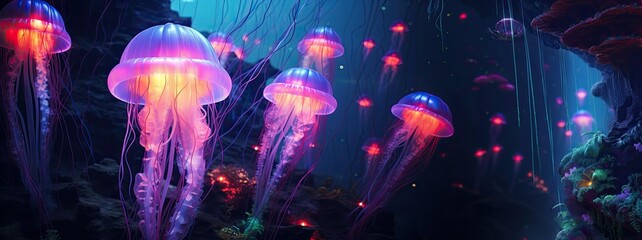 Glowing jellyfishes swim deep in dark blue ocean. Realistic Medusa neon jellyfish in sea. Black background with a space for text. - obrazy, fototapety, plakaty