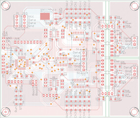 Vector printed circuit board of an electronic 
device with components of radio elements, 
conductors and contact pads placed on it. 
Engineering drawing. - obrazy, fototapety, plakaty
