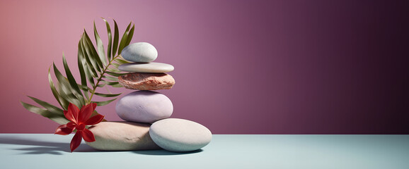 Fototapeta na wymiar stacked rocks with tropical leaves, in the style of light beige and violet, minimalist stage designs. Background under the product presentation
