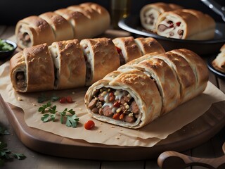 Capture the essence of Sausage Roll in a mouthwatering food photography shot Generative AI - obrazy, fototapety, plakaty