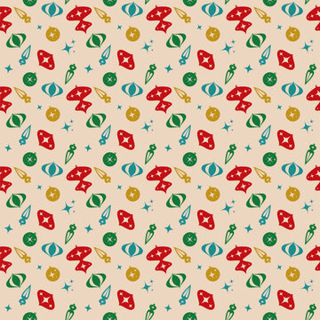 Christmas Ornaments Seamless Pattern Retro Christmas Background Mid Century Modern Atomic Space Age Abstract Procreate Repeating Design 50s Digital Wrapping Paper Print Fabric Textile Design Pattern