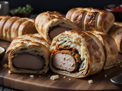 Capture the essence of Sausage Roll in a mouthwatering food photography shot Generative AI