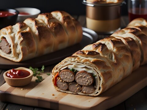 Capture the essence of Sausage Roll in a mouthwatering food photography shot Generative AI