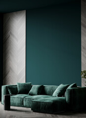 Emerald living room - modern interior and furniture design. Mockup for art - empty painted wall. Dark green sofa velvet and deep background wall. Luxury premium lounge or reception hall. 3d render