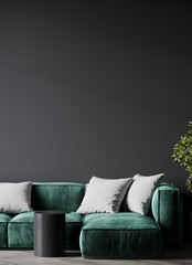 Livingroom mockup with a dark green sofa - emerald color velor- accent trend. Empty dark black wall gallery and paintings, art. Paint deep background. Modern luxury design lounge room. 3d render  - obrazy, fototapety, plakaty