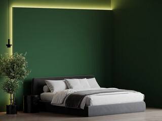 Mockup wall deep dark green - trend emerald color. Gray furniture bed velor. Modern room design interior home, hotel. Luxury idea warm backlight and vivid paint minimal wall. Large bedroom. 3d render 