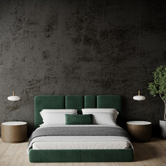 Luxury dark interior design home or hotel. Green emerald velvet bed. Black room in deep trend material - mockup background microcement plaster wall. Modern premium rich bedroom. 3d render