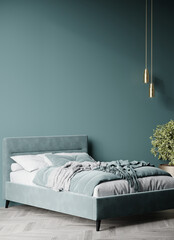 Сhic rich luxury bedroom with cyan color bed velor and tiffany or turquoise, teal azure mint painting wall. Minimalist interior design home or hotel. Empty mockup wall for art. Gold detail. 3d render  - obrazy, fototapety, plakaty