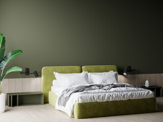 Modern rich luxury bedroom with lime olive color bed velor and khaki dark green painting wall. Minimalist interior design home or hotel. Empty mockup wall for art. wood parquet details. 3d render 