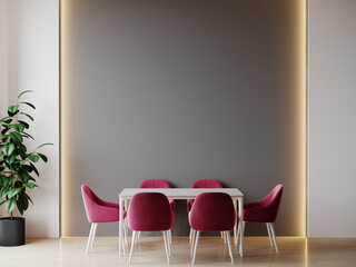 Vivid viva magenta colour dining room. White table and colorful carmine burgundy crimson fuchsia velor chairs. Empty gray wall blank for art, frame or decor. Modern interior with accents. 3d render 
