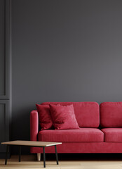 Modern dark black gray living room or reception lounge with a viva magenta accent sofa. Trend color velor sofa. Empty black wall painting background mockup. Lounge with rich furniture. 3d render 