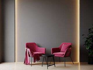 Viva magenta crimson accent trendy color in the luxury dark living. Painting mockup black wall for art. Fuchsia pink color velvet furniture. Modern room design interior lounge reception. 3d render 