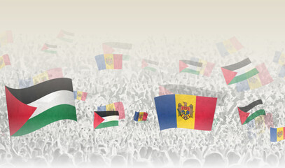 Palestine and Moldova flags in a crowd of cheering people.