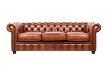 A brown leather chesterfield sofa isolated on transparent background.