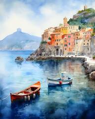 Watercolor Italy Portofino Painting Illustration Artwork - Travel Coastal Print - Tourism Cliff Coastline Oil Painting - obrazy, fototapety, plakaty