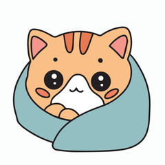 Cute cat wrapped in blanket. Outline kitty in doodle style. Hand drawn vector art.