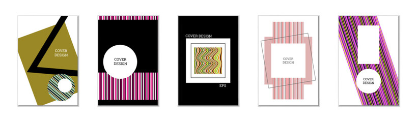 Geometric cover design, set of 5 covers. Abstract unusual background in Memphis style. Bright geometric shapes in random order