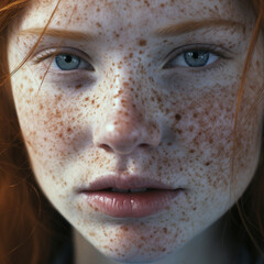 Close up of freckles on a ginger girl - obrazy, fototapety, plakaty