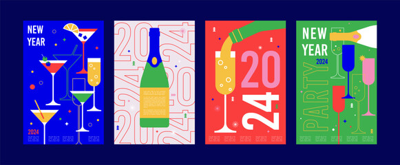 Happy New Year, poster, banner and card design with cocktails, drinks. Vector illustration in geometric bold style. 2024 celebration - 678847587