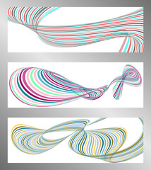 Wavy lines or ribbons. Set of 3 backgrounds. Multicolored striped gradient. Creative unusual background with abstract gradient wave lines to create a trendy banner, poster. vector eps