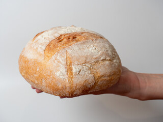 Close-up of hands holding freshly baked round wheat bread with a crispy crust on a white background. Side view