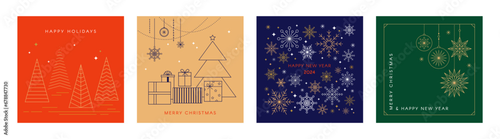 Wall mural christmas cards in minimalist geometric line style. colorful illustration in flat vector cartoon sty