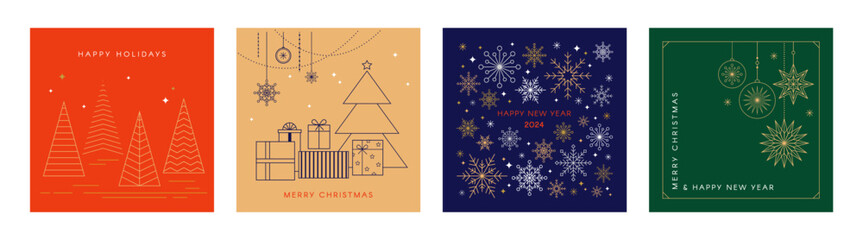 Fototapeta na wymiar Christmas cards in minimalist geometric line style. Colorful illustration in flat vector cartoon style. Xmas and new year backgrounds. 2024 celebration