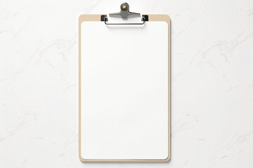 Blank white clipboard with metal clip on textured white background