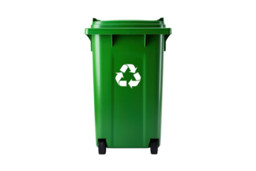 A Green Garbage Container with Recycling Symbol isolated on a transparent background.
