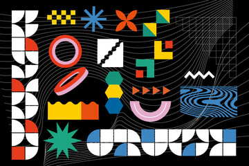 Brutalist abstract geometric shapes and grids. Brutal contemporary figure star oval spiral flower and other primitive elements. Swiss design aesthetic. Bauhaus memphis design
