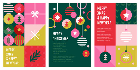 Merry Christmas flat modern design, Christmas ornaments and Xmas decorations. Colorful vector illustration in flat geometric cartoon style. 2024 celebration - 678847941