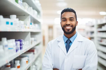 Fotobehang Welcoming black male pharmacist in lab coat standing in pharmacy aisle © youriy