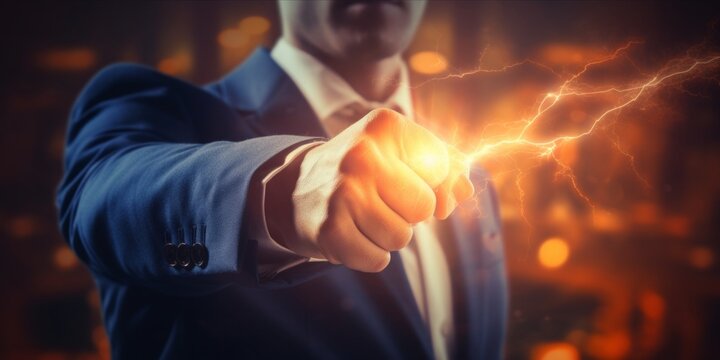 Electrifying Leadership: A Frontal Display as the Business Titan's Fist Holds a Symbolic Lightning Bolt, Manifesting Power, and Managerial Authority
