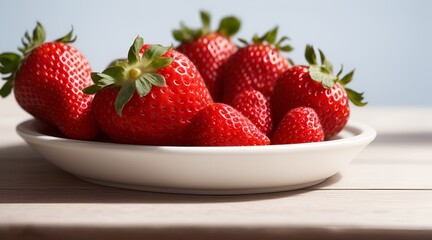 A closeup on a white bowl with fresh red strawberries on a wooden table with beautiful smooth defocused background.