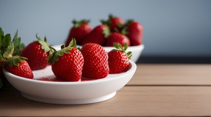 A closeup on a couple of white bowls with fresh red strawberries on a wooden table with beautiful smooth defocused background.