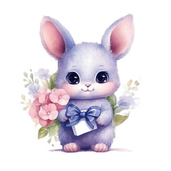 Watercolor rabbit with flowers. Generative AI, png image.