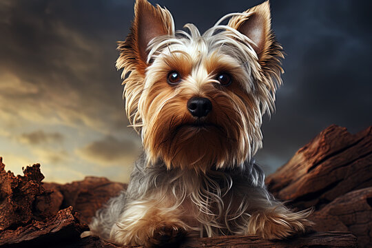 Yorkshire terrier puppy. close-up portrait, against the background of nature. Ai art