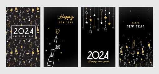 Happy New Year- 2024 . Collection of greeting background designs, New Year, social media promotional content. Vector illustration. 2024 celebration - 678848319